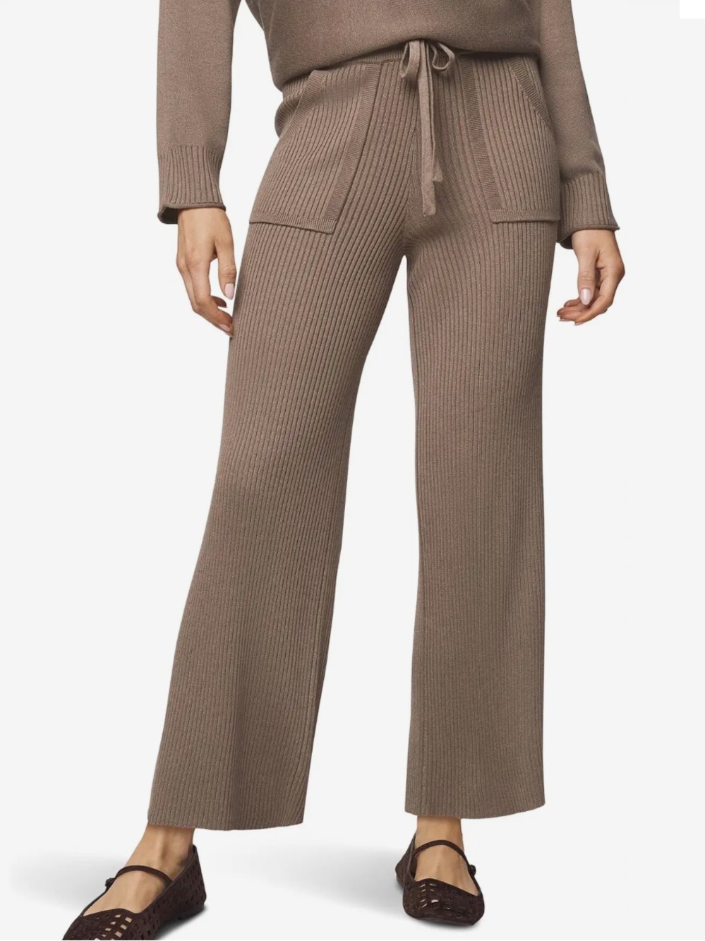 Splendid Georgie Taupe Ribbed Wide-Leg Knit Pants